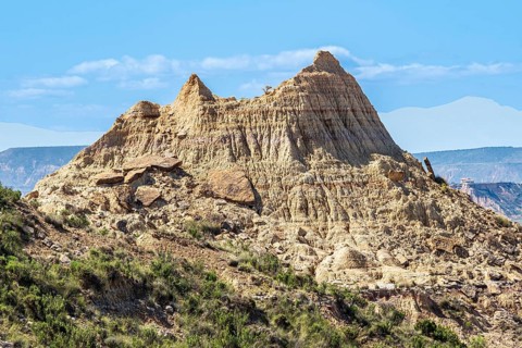 Colorful rock formation, semi-desert, Bardena Blanca area, Bardenas Reales Nature Park, Navarre,