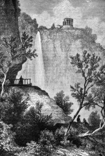 Ruins and waterfall near Tibur or Tivoli, Lazio, Italy, digital reproduction of a historical model