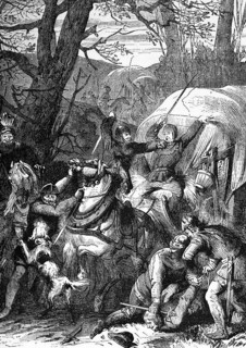 Medieval robber barons attack a trading caravan in the 12th century, digital reproduction of a