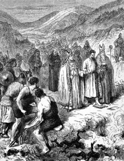 A trial by fire Walking on hot ploughshares to determine guilt for crimes, heresy, etc., 9th