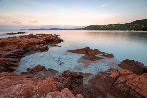 Rocky coast, sunrise, Plage de Palombaggia, Corsica, France