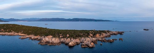 Aerial view, rocky coast near Porto Pollo, Corsica, France