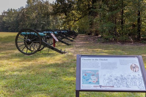 Sign on the battlefield tells visitors the history of the Battle of Shiloh at the Shiloh National