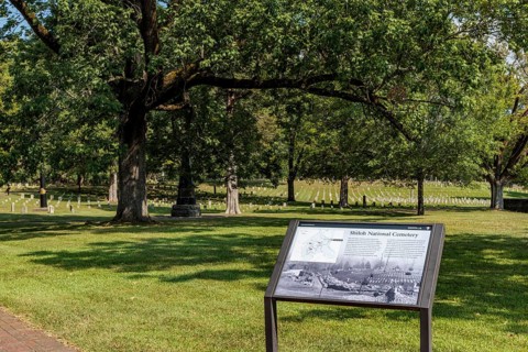 Sign tells the history of the US National Cemetery in Shiloh National Military Park near Shiloh,