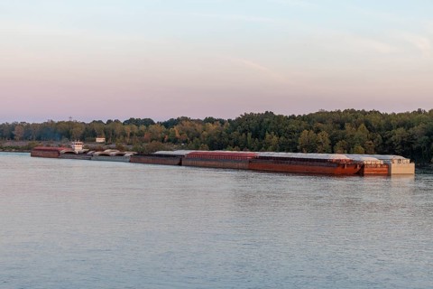 Tug boat pushing multiple barges on the Tennessee River near Savannah, Tennessee