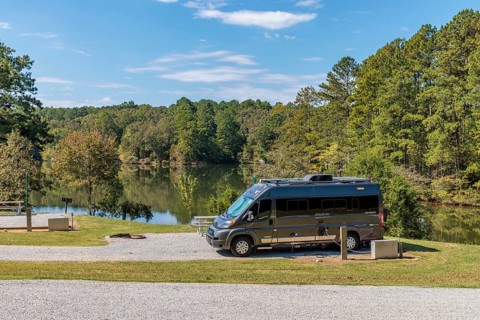 Winnebago campervan on a Dodge RAM chassis at the Pin Oak Campground in Natchez Trace State Park