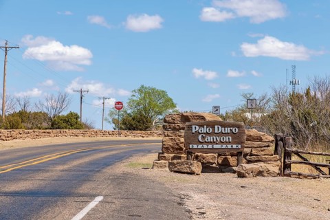 Sign at the entrance to Palo Duro Canyon State Park near Amarillo, Texas