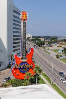 Neon guitar sign in front of the Hard Rock Casino along Highway 90 in Biloxi, Mississippi