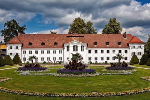 Baroque palace with manicured garden and symmetrical flowerbeds, The town of Kempten in the Allgäu