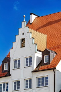 Historic building with striking gabled roof and large windows, The town of Kempten im Allgäu