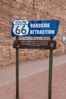 Roadside attraction sign at Standin' on the Corner Park in downtown Winslow, Arizona