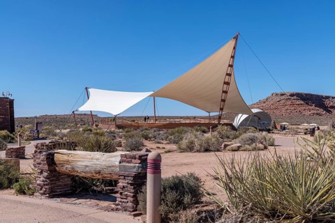 Shade structures provide visitors relief from the desert sun at Eagle Point in Grand Canyon West