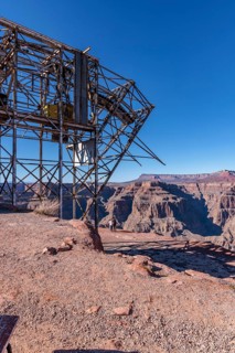 Abandoned steel framework of cable head-house use to mine bat guano at Guano Point in Grand Canyon