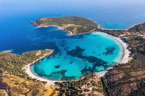 Aerial view, Plage de Rondinara, turquoise sea, sandy beach, bay, Corsica, France