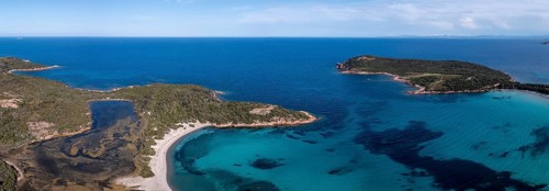 Panorama, aerial view, Plage de Rondinara, turquoise sea, sandy beach, bay, Corsica, France