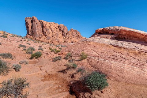Layered rock formations along the Fire Wave Trail at Valley of Fire State Park near Overton, Nevada