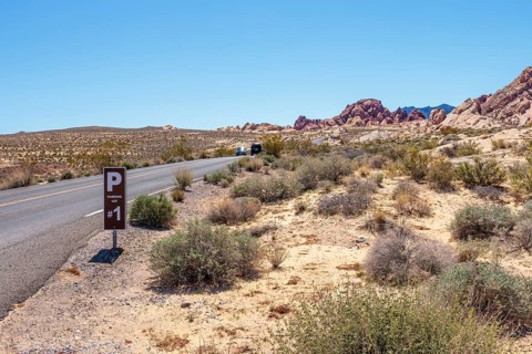 Sign for Parking Lot #1 along Mouse's Tank Road through Valley of Fire State Park near Overton,