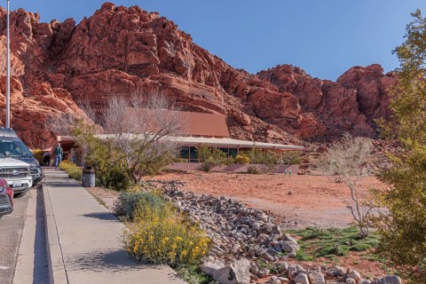 Visitor Center at the base of large red rock formations in Valley of Fire State Park near Overton,