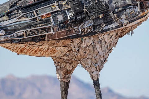 Close up of Recycled Roadrunner statue made entirely from discarded materials by artist Olin Calk