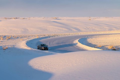 Cleared roads through the white gypsum dunes at White Sands National Park in Alamogordo, New