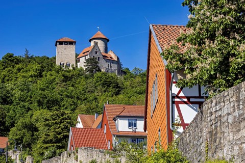 View of a village with red roofs, half-timbered houses and a castle in the background on a hill,