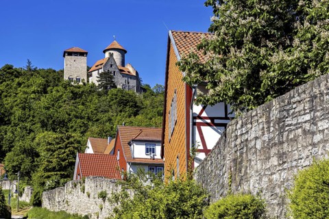 Half-timbered houses in a village in front of an imposing towering castle on a green hill,