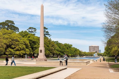 Pioneer Memorial Obelisk and the Molly Ann Smith Plaza at the end of the Mary Gibbs and Jesse H.