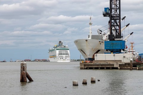 Royal Caribbean Adventure of the Seas cruise ship and a cargo ship at the Port of Glaveston, Texas
