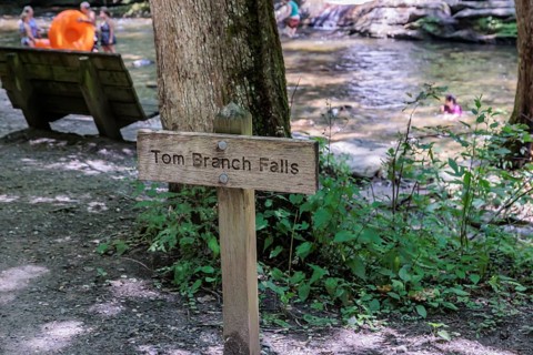 Sign at Tom Branch Falls along Deep Creek in the Smoky Mountains near Bryson City, North Carolina,