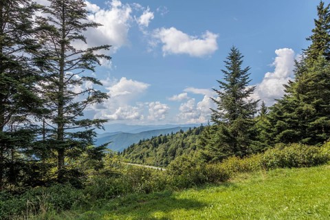 Smoky haze over the foliage on the mountainsides along the Blue Ridge Parkway in the Smoky