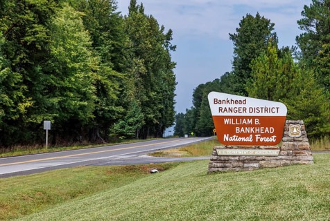 Sign for the Bankhead Ranger District office of the William B. Bankhead National Forest along