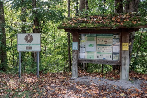 Signs and hiking information at the Bankhead National Forest Sipsey Wilderness Trailhead