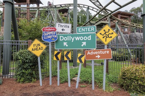 Road sign display for the Summer Celebration in the Dollywood amusement park in Pigeon Forge, TN