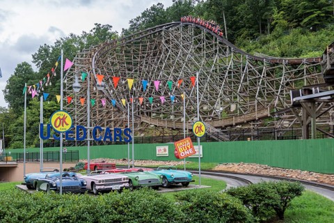 Lightning Rod roller coaster behind replica cars of the Rockin' Roadway ride at the Dollywood
