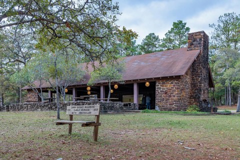 Stone and wood frame pavilion at Clarko State Park near Quitman, Mississippi, USA