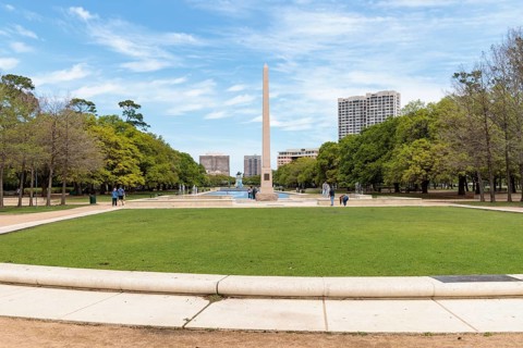 Pioneer Memorial Obelisk and the Molly Ann Smith Plaza at the end of the Mary Gibbs and Jesse H.