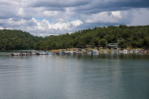 View of a marina on Fontana Lake as seen from the open air car of the Great Smoky Mountains