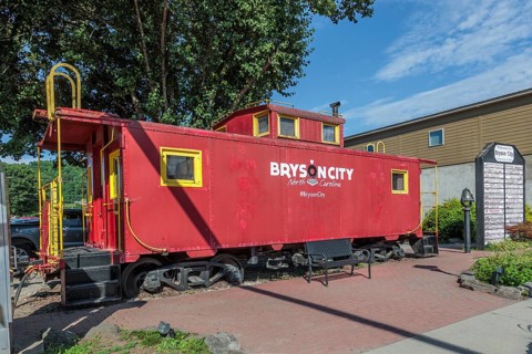 Train caboose display in downtown Bryson City, North Carolina