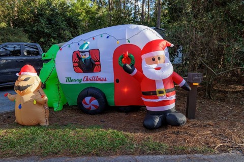 Inflatable Christmas decorations at a campsite in Fort Wilderness campground at Walt Disney World
