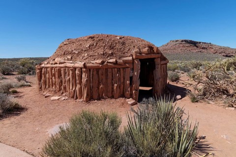 Navajo hogan exhibit teaches guests about native American culture at Grand Canyon West near Peach