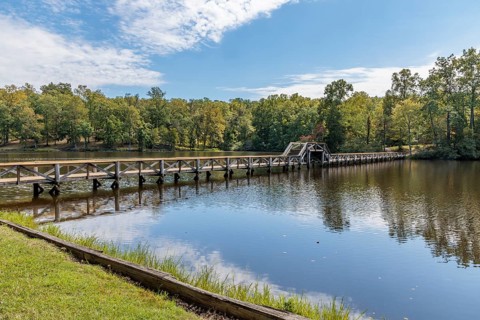 Bridge on Cub Creek Trail over Cub Creek Lake in Natchez Trace State Park near Wildersville,