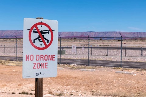 No Drone Zone sign near the entrance to Grand Canyon West near Peach Springs, Arizona