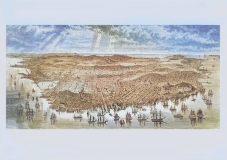 Bird's-eye view of San Francisco, California in 1875, America, digital reproduction from American