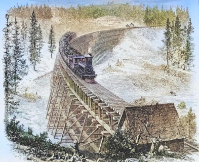 Trestle Bridge of the Central Pacific Railroad in the 1870s, America, digital reproduction from