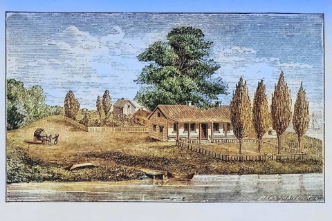 The first house built in Chicago, Illinois, circa 1850, America, digital reproduction from American