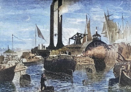 Grain fleet in the harbour of New York in the 1870s, America, digital reproduction from American