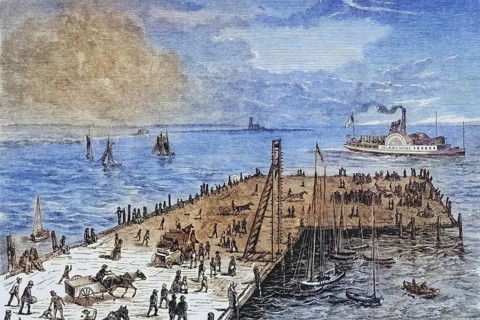 The wharf on Nantucket Island, Massachusetts, in the 1870s, America, digital reproduction from