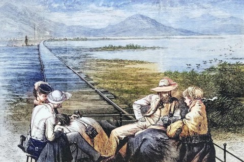 Inspection car of the Pacific Railway approaching the Great Salt Lake circa 1860, America, digital