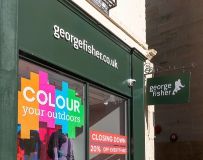 George Fisher outdoor clothing shop store closing down sale, Abbeygate Street, Bath, north east