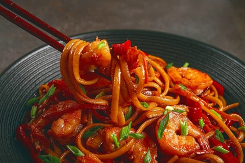 Udon stir-fry shrimp noodles with red bell pepper and green onion, served in a black bowl, with